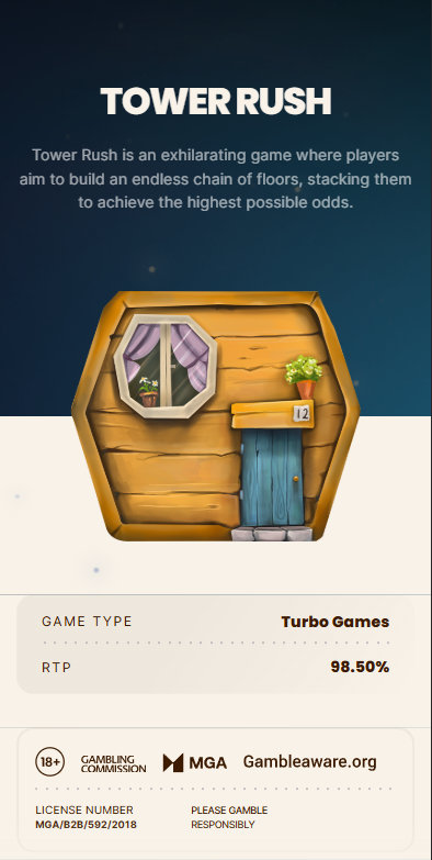 Interfaz del juego Tower Rush con vistas previas de la torre y bonificaciones