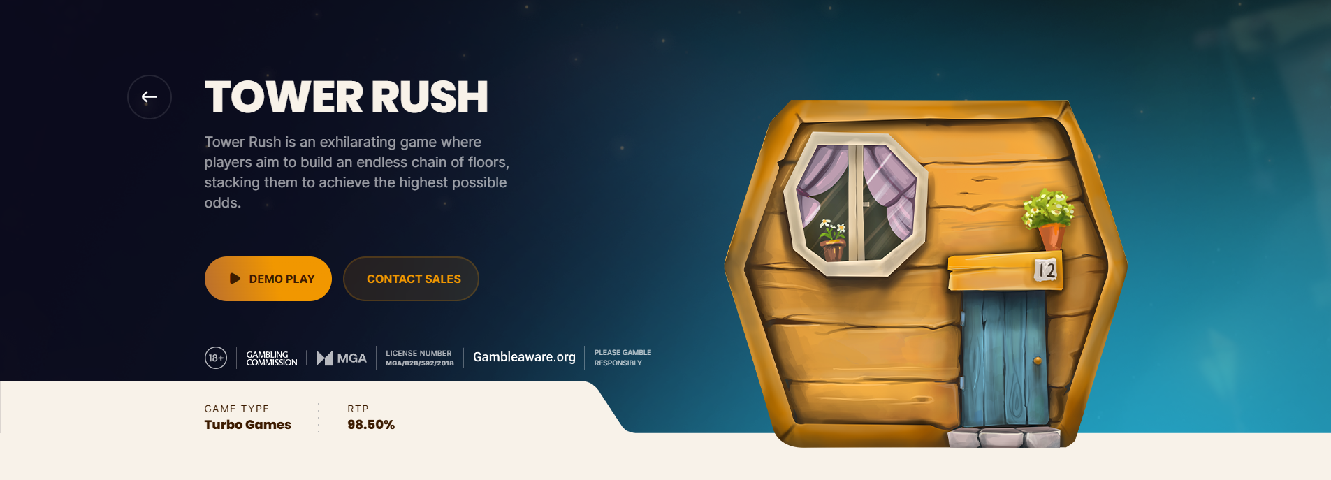Interfaz del juego Tower Rush con vistas previas de la torre y bonificaciones